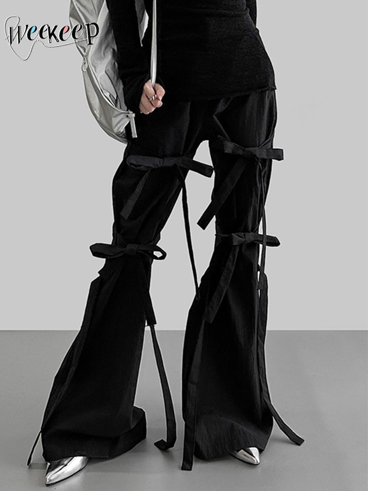 Weekeep 여성용 시크 붕대 카고 바지, 미적인 헐렁한 스트리트웨어 y2k 로우 라이즈 블랙 캐주얼 바지, 느슨한 바지, 한국 패션